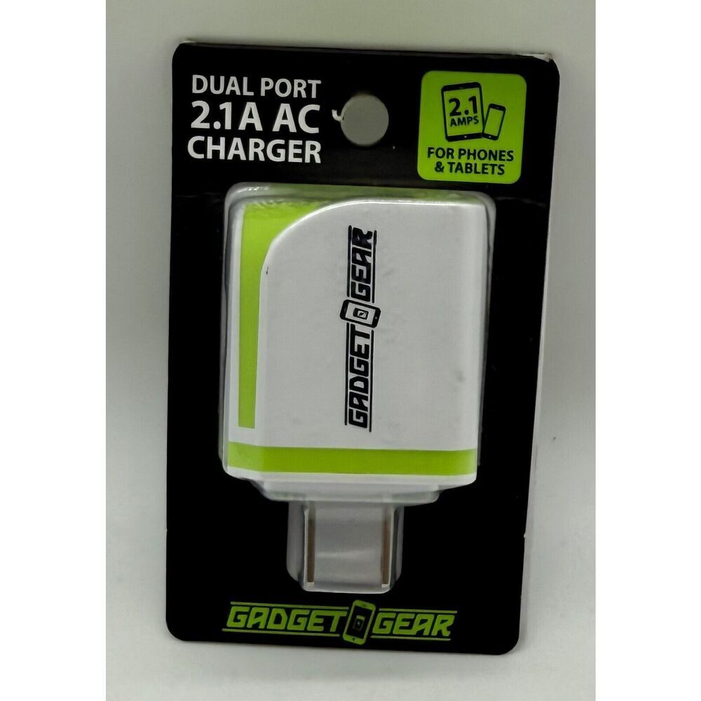 Gadget Gear Dual Port 2.1A AC Charger For Phones And Tablets White Green NEW‎